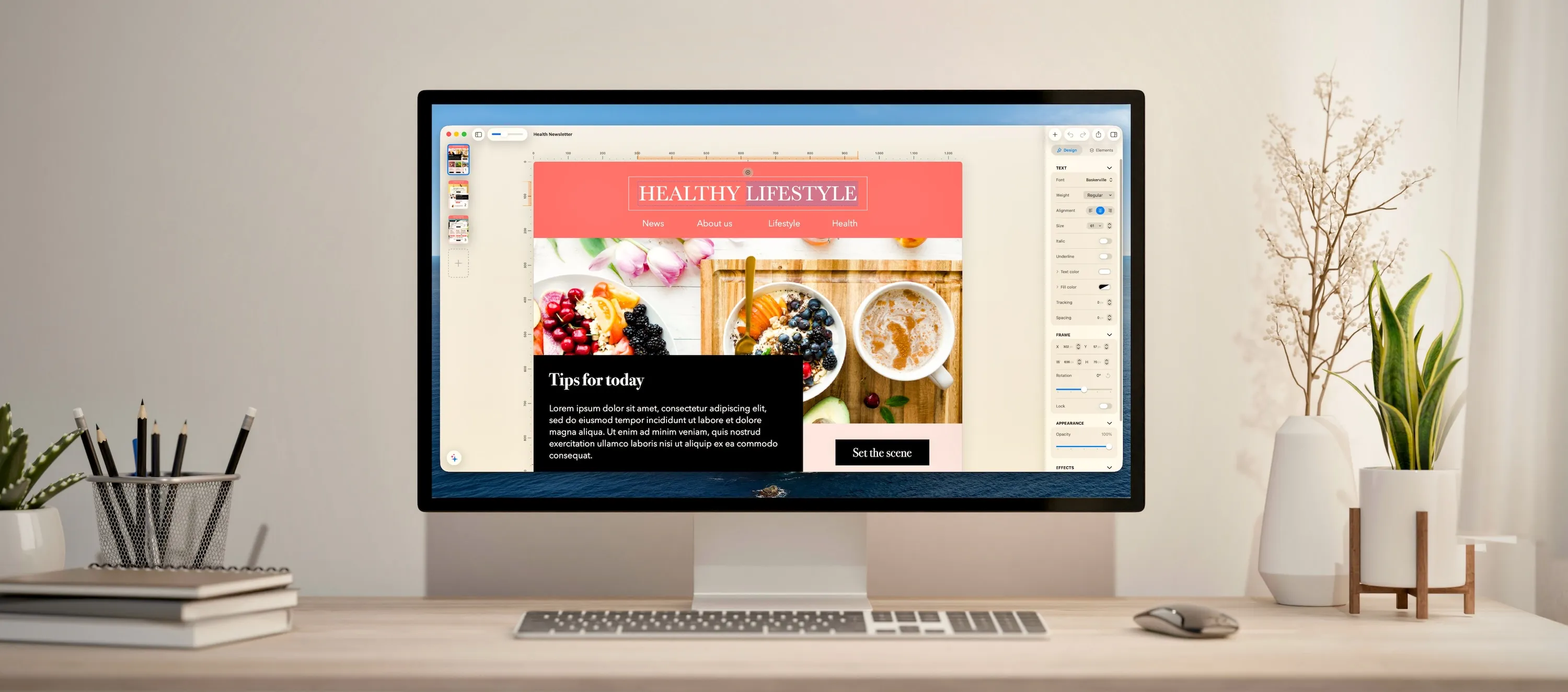 Editing a “Healthy Lifestyle” newsletter in Pixara on a Mac