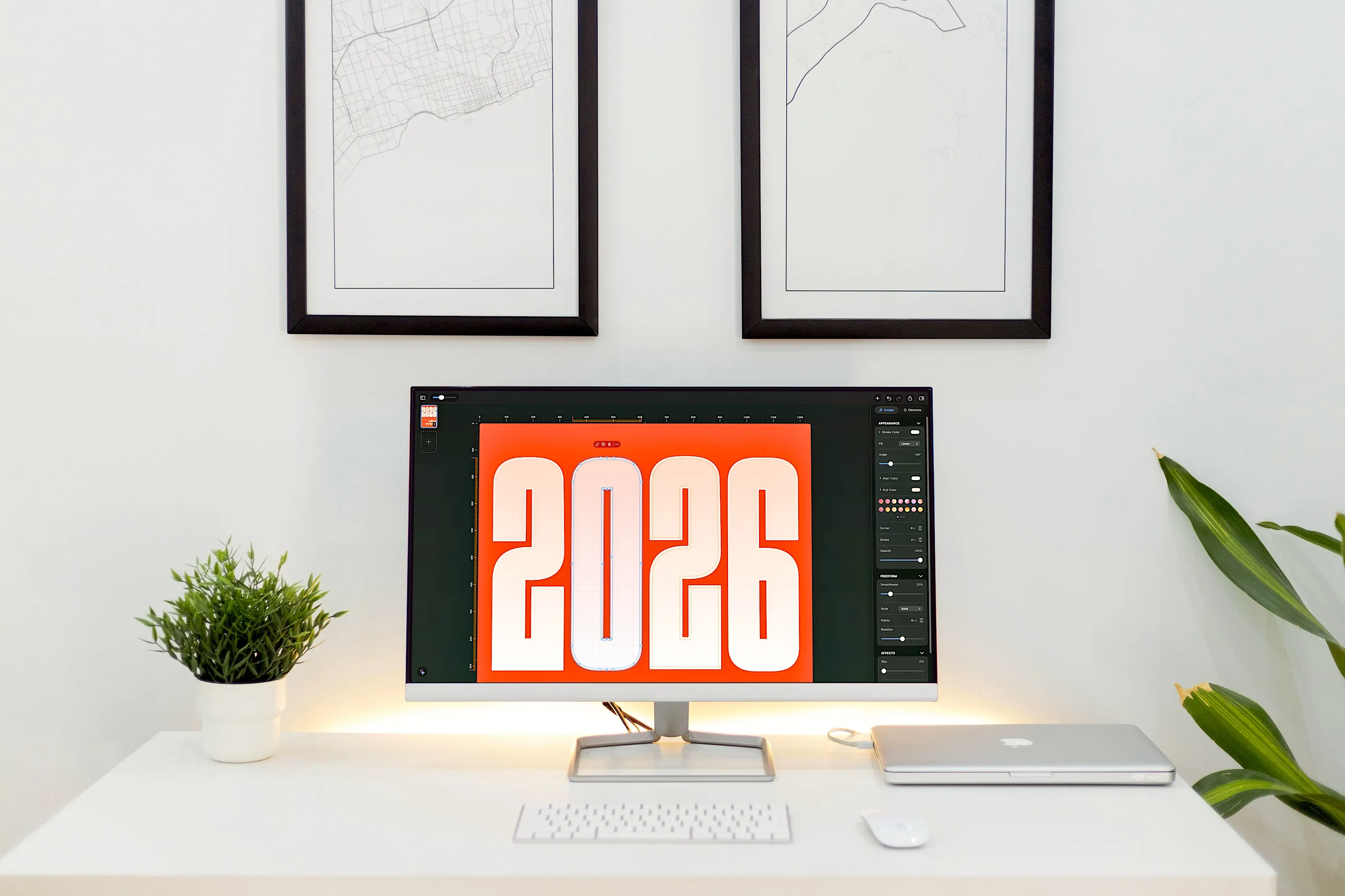 A bold vector “2026” design being edited in Pixara on a desktop display