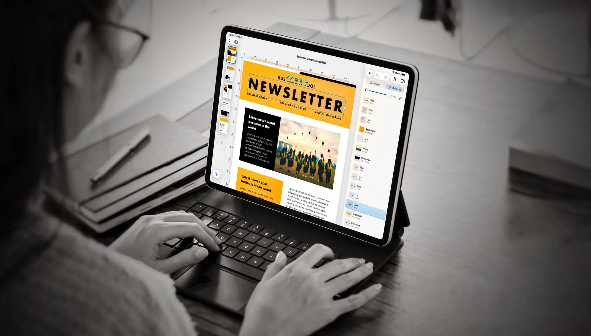 Pixara open on an iPad, designing a newsletter