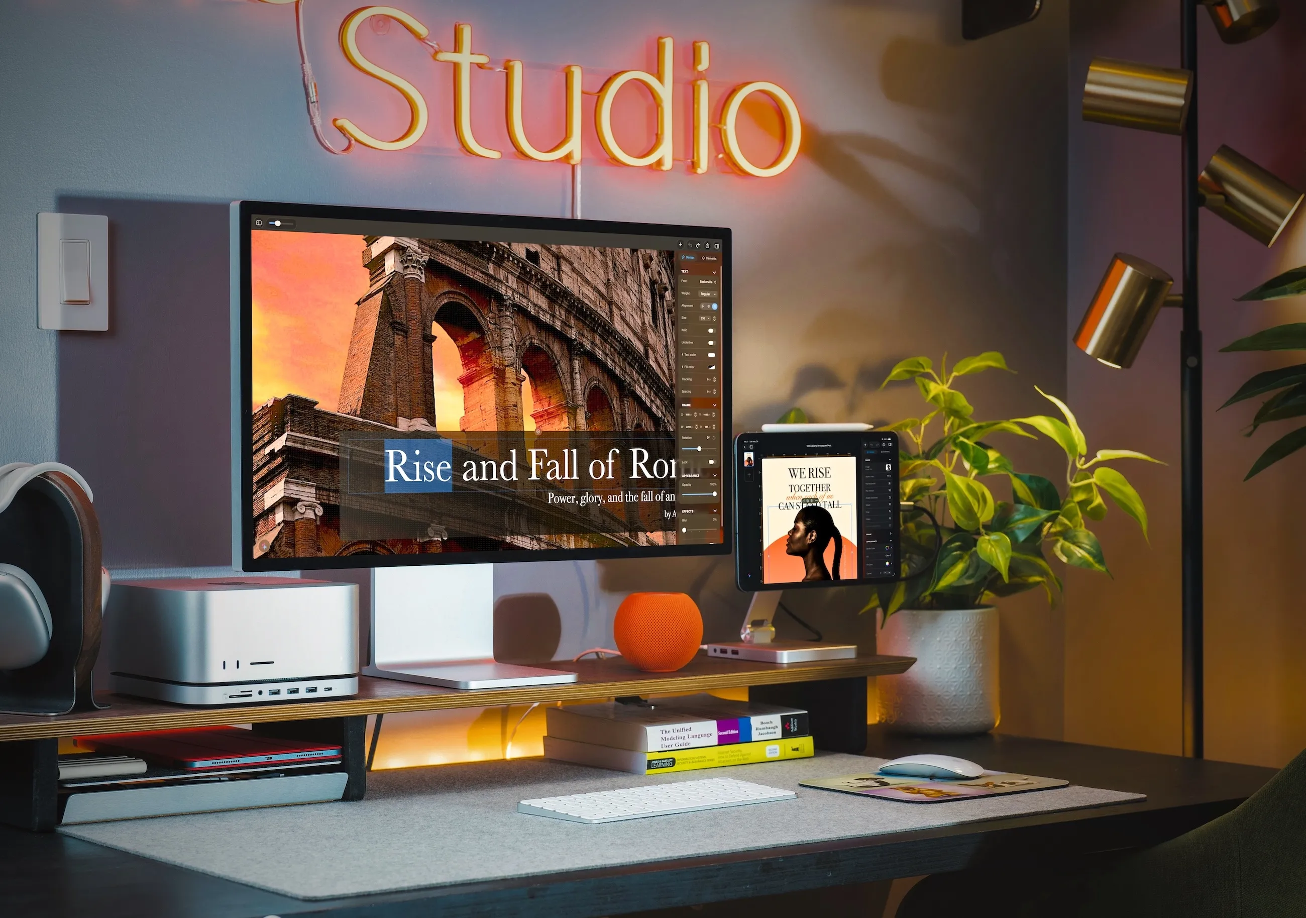 A presentation and a poster open in Pixara on a Mac Studio and iPad