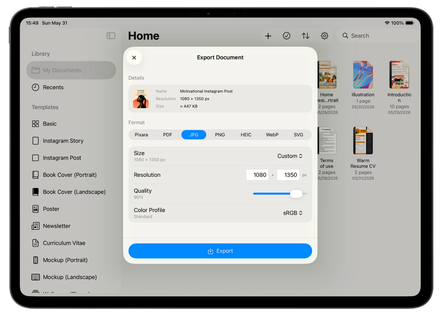 The Pixara export panel showing PDF, JPG, PNG and other formats on iPad